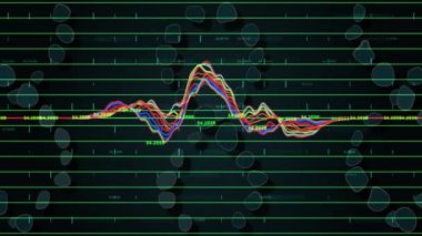 Renkli veri çizgileri ve baloncuklar karanlık şebeke arka planında ölçümlerle canlanıyor. animasyon, teknoloji, dijital, soyut, fütüristik, hareket