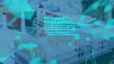 Beyin ve moleküler yapılarla laboratuvarda çalışan bilim adamı animasyon bitti. Bilim, araştırma, teknoloji, yenilik, deney, sağlık