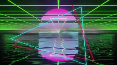 Metin animasyonunu neon geometrik şekiller ve şebeke arkaplanı üzerine ayarla. Teknoloji, gelecek, oyun, retro, 80 'ler, dijital.