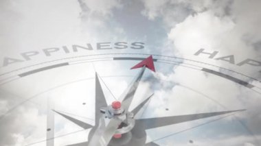 Bulutlu arkaplanda mutluluk animasyonunu gösteren pusula. Kılavuz, yön, yolculuk, pozitiflik, iyimserlik, motivasyon