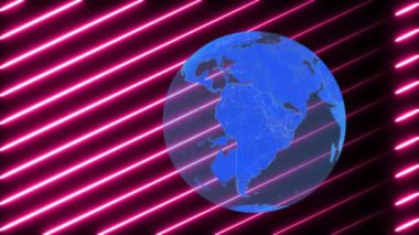 Pembe köşegenler üzerinde ağ bağlantıları olan dönen bir dünya. Küreselleşme, bağlantı, dijital, siber, veri, teknoloji