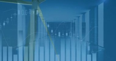 Finansal veri tabloları ve grafik animasyonları gelecekteki mavi koridorda. Finans, teknoloji, analitik, iş, dijital