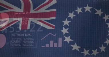 İkili kod ve finansal veri animasyonuna sahip İngiltere ve AB bayrakları. Brexit, ekonomi, finans, Avrupa Birliği, Birleşik Krallık, para birimi