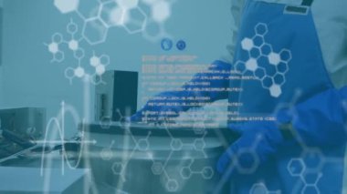 Altıgen moleküler yapılar ve laboratuvar çalışanları üzerinde bilimsel veri animasyonu. Bilim, laboratuvar, araştırma, teknoloji, deney, analiz