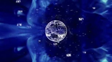 Sayısal veriler ve ağ bağlantıları işleniyor, mavi arkaplan üzerinde dünya animasyonu. Teknoloji, analitik, küresel, bağlantı, dijital, siber uzay