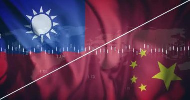Tayvan ve Çin bayrakları üzerinde dünya haritası geçmişi olan borsa veri animasyonu. Finans, yatırım, ekonomi, ticaret, uluslararası, analitik