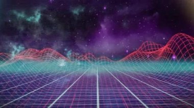 Neon çizgileri ve yıldızlı gökyüzü animasyonu olan geçmişe dönük bir manzara. Yıldızlar, fütüristik, dijital, 80 'ler, bilim kurgu