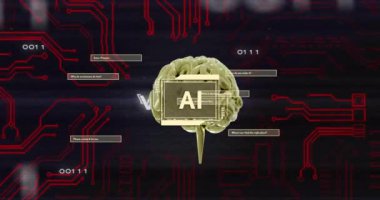 Yapay zeka animasyonu dijital beyin ve kırmızı devre kartı arka planında. Yapay zeka, teknoloji, fütürist, yenilik, veri, makine öğrenimi