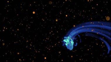 Akan mavi ve yeşil soyut animasyonlar ve siyah arkaplanda altın parçacıklar. hareket, dijital sanat, doku, dinamik, ışıltılı, parlayan