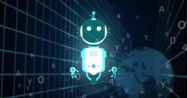 Dijital simgeler ve ikili kodlama arkaplanı üzerinde robot animasyonu. Teknoloji, yenilik, robotik, gelecek, veri, otomasyon