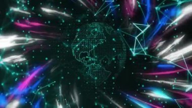 Ağ bağlantıları olan dijital dünya ve renkli çizgiler üzerinde veri işleme animasyonu. Teknoloji, internet, fütüristik, iletişim, küresel, görselleştirme