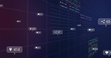 Sosyal medya, finansal veri tabloları ve grafikleri üzerine animasyon simgeleri oluşturuyor. Bilgi, analitik, pazarlama, teknoloji, finans, istatistik