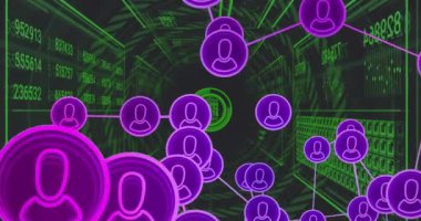 Dijital tünel arkaplanı üzerinde kullanıcı simgeleri ve veri işleme animasyonu ağı. Teknoloji, bağlantı, fütüristik, siber uzay, yenilik, iletişim