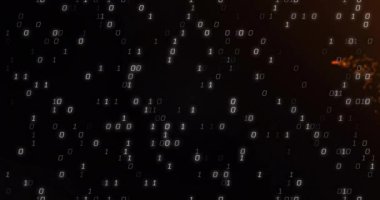 Karanlık arka planda fiber optik kablolar üzerinde ikili kod animasyonu. Siber güvenlik, teknoloji, veri, ağ, dijital, iletişim