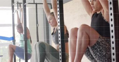 Barfiks çubukları üzerinde egzersiz yapan kadınlar, animasyon üzerinde form verileri işleyen kadınlar. egzersiz, egzersiz, güç, kararlılık, antrenman, atlet