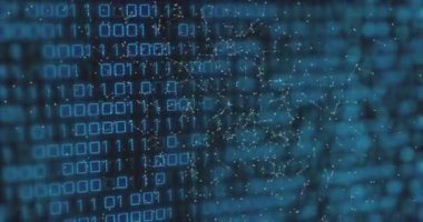 İkili kod ve ağ bağlantıları, dijital veri işleme animasyonu. Teknoloji, fütüristik, internet, siber, bilgi, kodlama