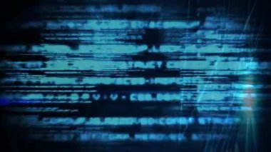 Koyu mavi arka planda dijital kod ve veri işleme animasyonu. Teknoloji, kodlama, fütürist, soyut, siber güvenlik