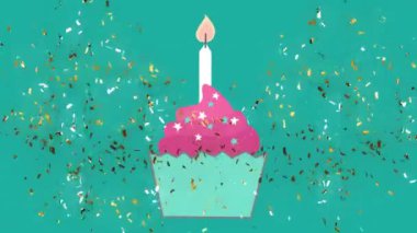 Pembe kremalı kek ve mum, konfeti animasyonu kutlaması. Kutlama, doğum günü, tatlı, parti, şekerleme, tatlı