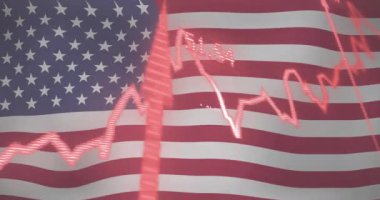 Amerikan bayrağı animasyonu üzerinde dalgalanan borsa grafiği. Finans, yatırım, ABD, borsa, ekonomi, ticaret