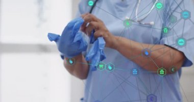 Sağlık hizmetleri ikonları animasyon ağıyla eldiven giyen bir tıp uzmanı. teknoloji, yenilik, sanal, dijital, geleceksel, veri