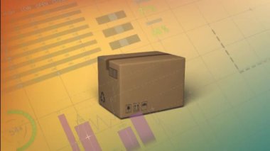 Lojistik ve veri analiz animasyonlarının üzerinde geri dönüşüm sembolleri olan karton kutu. sürdürülebilirlik, çevre dostu, yeşil, yenilenebilir, çevre