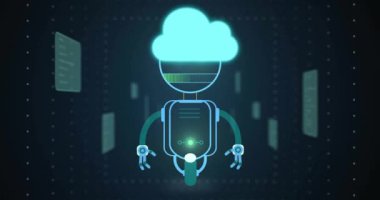 Bulut kafalı robotlar, ikonlar, teknoloji ve iletişim animasyonu. yenilik, bağlantı, bulut hesaplama, robotik, yapay zeka, dijital