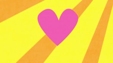 Sarı ve turuncu ışınlar üzerine pembe kalp animasyonu. Aşk, romantizm, canlı, renkli, soyut, dijital