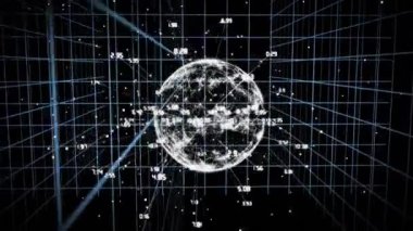 Veri noktaları ve çizgileri olan dönen dünya, ağ bağlantıları animasyonu. Küresel, teknoloji, dijital, İnternet