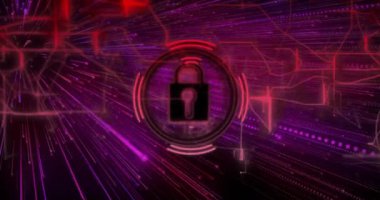 Soyut mor ve kırmızı arkaplan üzerine simge ve dijital güvenlik animasyonunu kilitle. siber güvenlik, şifreleme, koruma, veri, gizlilik, teknoloji