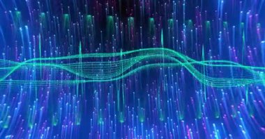 Dikey mavi ve mor ışık çizgilerinin üzerinde akan yeşil dalga animasyonu. soyut, dinamik, fütüristik, enerjik, hareket konsepti