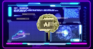 Beyin üzerindeki yapay zeka metni ve gelecekteki animasyonlardaki veri tabloları. Yapay zeka, teknoloji, dijital, yenilik, analiz, görselleştirme