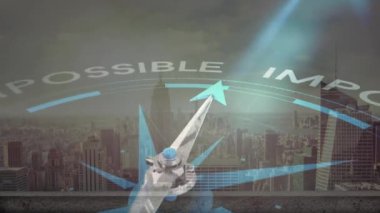 Pusula şehrin arka planında olası animasyona işaret ediyor. Navigasyon, yön, umut, ufuk çizgisi, gelecek, fırsat