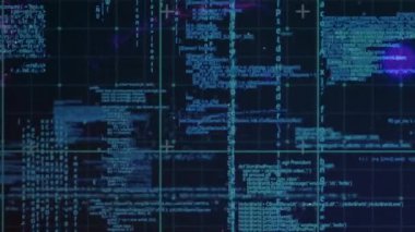 Bilgisayar kodu ve veri işleme animasyonu karanlık şebeke arka planında. Teknoloji, dijital, kodlama, programlama, fütürist