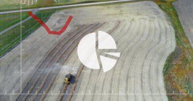 Turta grafiği ve azalan kırmızı grafik animasyonu tarım arazisinin havadan görünüşü üzerinde. Tarım, işletme, ekonomi, istatistik, analitik, veri