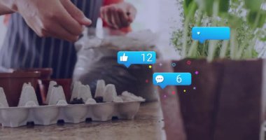 Saksılara tohum ekme, bahçıvanlık faaliyetleri üzerine sosyal medya bilgilendirmeleri. kaplar, teknoloji, etkileşim, hobi, doğa, dijital