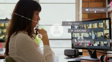 Ofiste bilgisayarla çalışan bir kadın hakkında sosyal medya bilgilendirmeleri. Teknoloji, masaüstü, işyeri, iş, bağlantı, iletişim