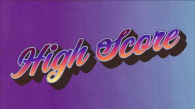 Mor ve mavi arkaplan üzerinde renkli retro animasyon içeren yüksek puan metni. canlı, neon, video oyunu, vintage, piksel, arcade