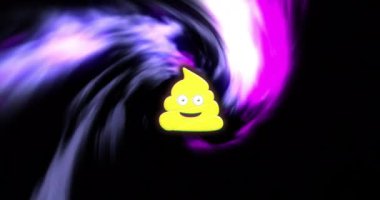 Dönen mor ve siyah arka plan üzerinde gülümseyen kaka emojisi animasyonu. eğlenceli, canlı, çizgi film, mizahi, eğlenceli, moda konsept