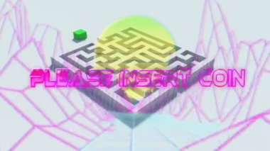 Lütfen neon geometrik şekiller ve ızgara arkaplan üzerine bozuk para metni animasyonu takın. Retro, 80 'ler, nostaljik, eski, atari salonu, oyun konsepti