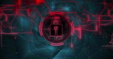 Simge ve ağ bağlantılarını kilitle, soyut arkaplan üzerinde veri güvenlik animasyonu. Siber güvenlik, veri koruması, şifreleme, güvenlik, teknoloji, dijital