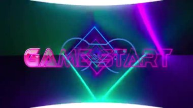 Oyun Başlat metin animasyonu koyu arkaplanda neon geometrik şekiller üzerine. Oyun, canlı, fütürist, giriş, dijital, teknoloji