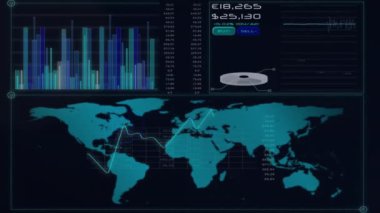 Finansal veriler ve küresel pazar eğilimleri dünya haritası ve grafikleri üzerinde animasyon. Maliye, ekonomi, analitik, veri görselleştirme, istatistik, ticaret