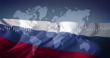 Rus bayrağı üzerinde veri canlandırma animasyonu olan dünya haritası. Bilgi grafikleri, analitikler, küresel, istatistik, coğrafya, teknoloji