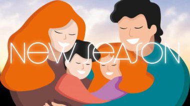Animasyon karakterleri yerine New Season metin animasyonu olan aileye sarılmak. Beraberlik, çizgi film, mutluluk, kutlama, aşk