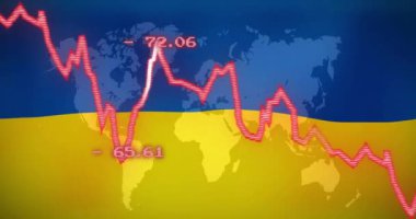 Dünya haritası ve Ukrayna bayrağı üzerinde kırmızı çizgiler ve numaralar. Maliye, ekonomi, kriz, durgunluk, yatırım, ticaret