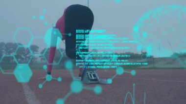 Koşucu, pistte bilimsel veri işleme animasyonuyla yarışa hazırlanıyor. Koşu, spor, teknoloji, spor, analiz