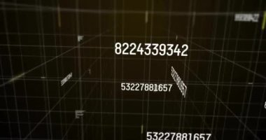 Üç boyutlu uzayda yüzen dijital sayılar ve metin, veri işleme animasyonu. Teknoloji, siber, fütürist