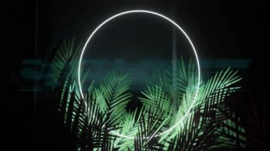 Parlayan çemberin üzerine parlak yazı ve palmiye yaprakları, neon animasyon. canlı, tropikal, aydınlık, ışık, parlak, tasarım