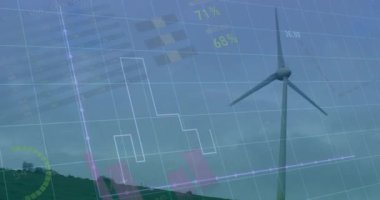 Veri haritaları ve grafik animasyonlarıyla rüzgar türbini ve manzara. Yenilenebilir enerji, sürdürülebilirlik, teknoloji, analitik, çevre