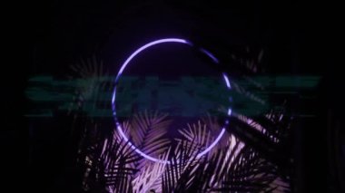 Palmiye yapraklarının üzerinde neon dairesi olan parlak metin. Tropikal, parlak, siber punk, canlı, fütüristik, tipografi